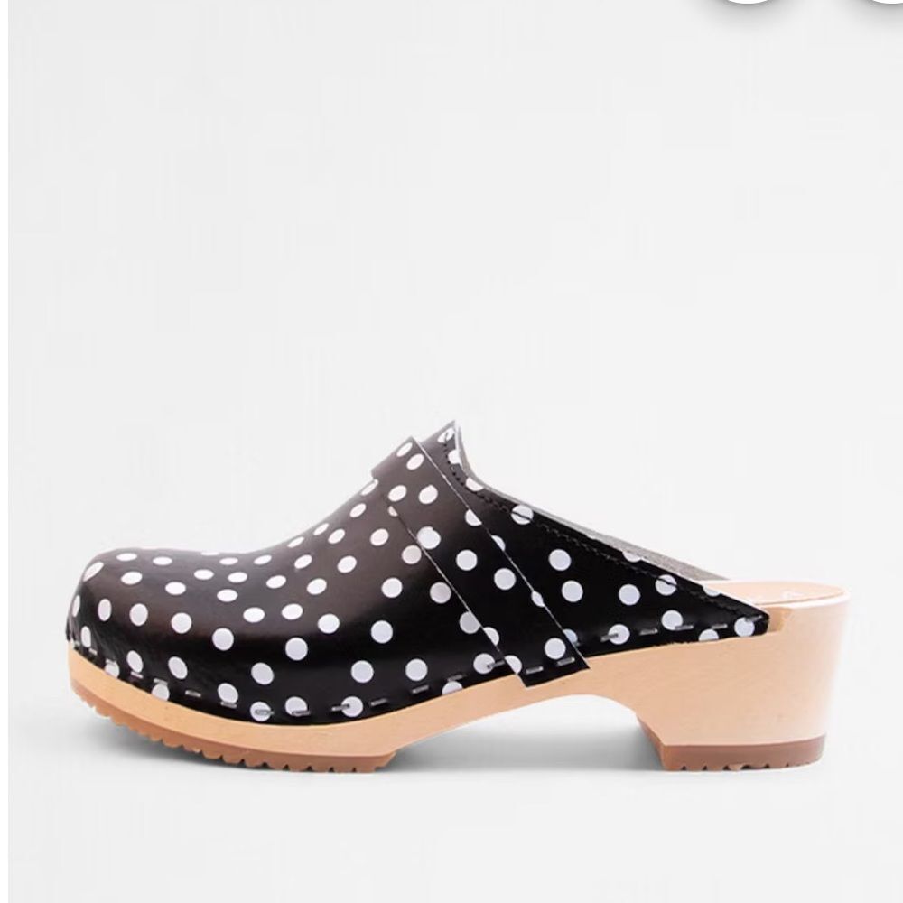 Verka Black and White Polka Dot Leather Clogs
